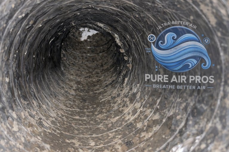 Interior of a dirty flex air duct before cleaning